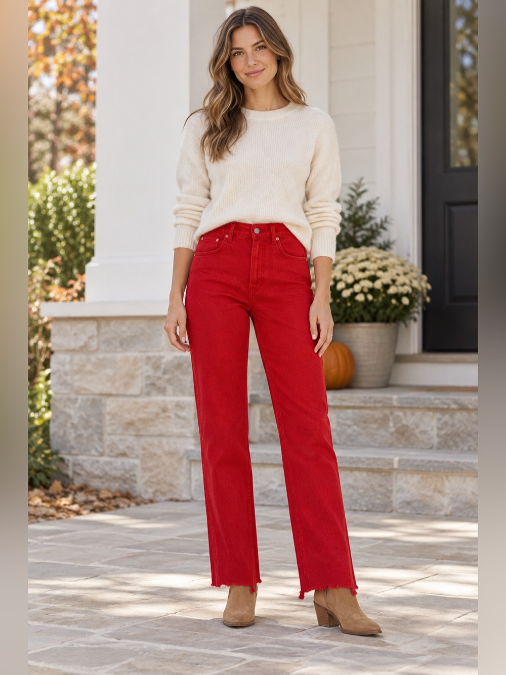 ZARA Red High Rise Straight Leg Raw Hem Jeans Size 4
